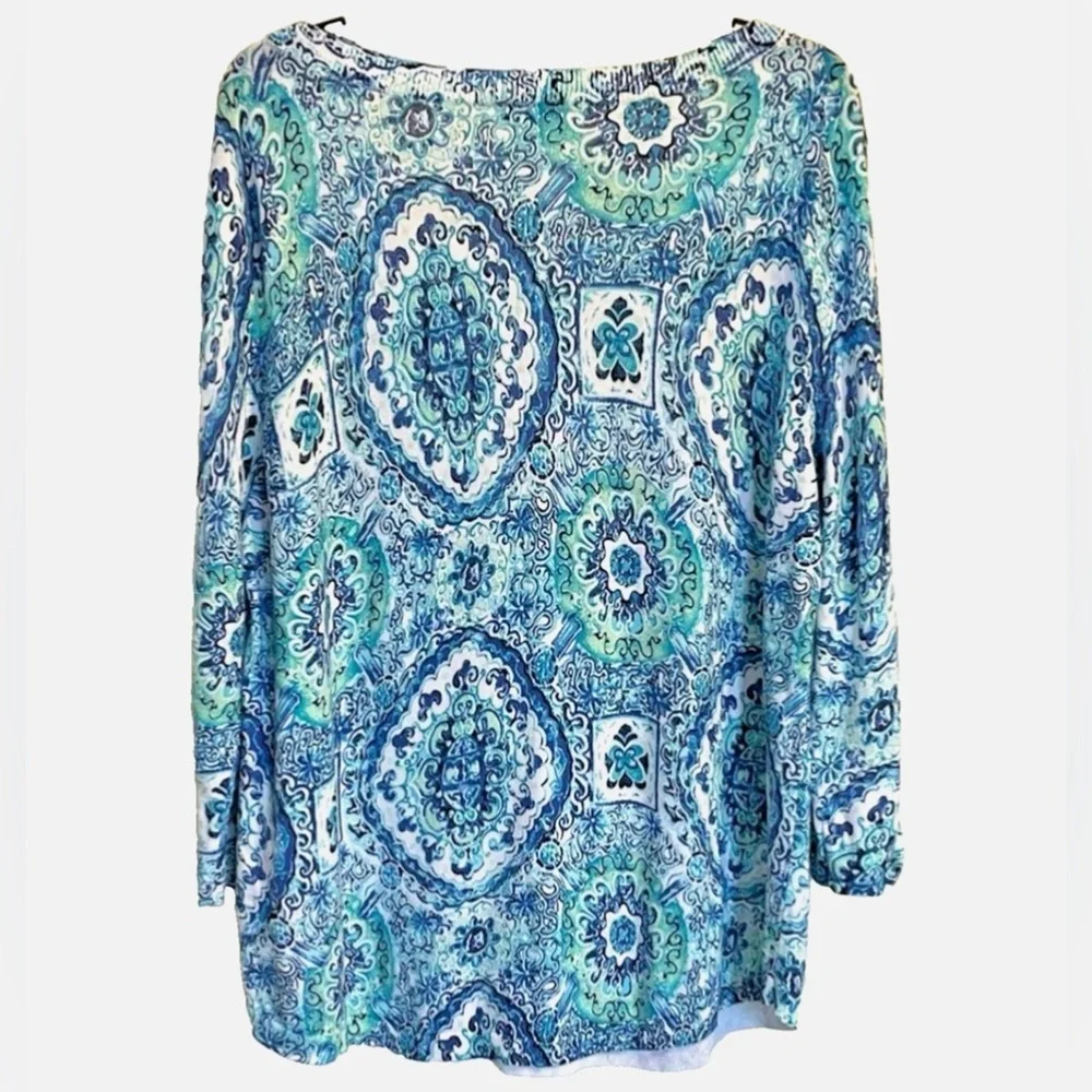 Talbots Medallion Print Lightweight Sweater XL Blue Green Roll Tab Sleeve Top